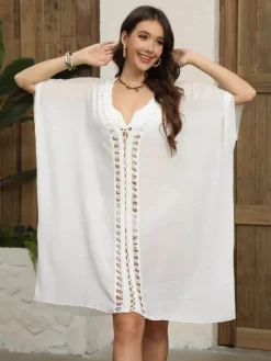 Cover Ups Crochet Short Sleeves V-Neck Sweet Black Beach Swimming Suits
