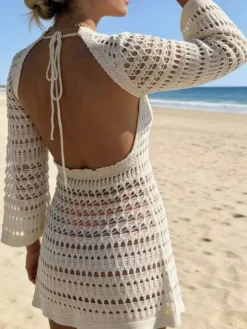 Cover Ups For Women Apricot Cut Out Jewel Neck Summer Beach Swimwear