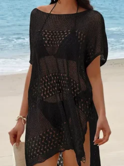 Cover Ups For Women Khaki Knitted V-Neck Short Sleeves Summer Sexy Swimwear