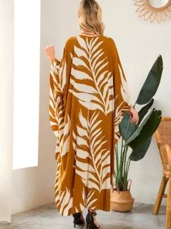 Cover Ups Maxi Dresses Oversized Long Sleeves Leopard Print V-Neck Batwing Sleeves Casual Colored Beach Swimwear