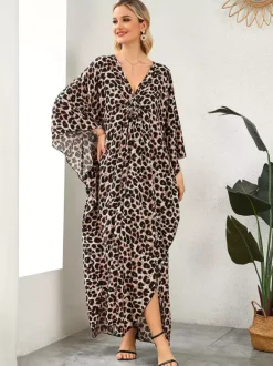 Cover Ups Maxi Dresses Oversized Long Sleeves Leopard Print V-Neck Batwing Sleeves Casual Colored Beach Swimwear