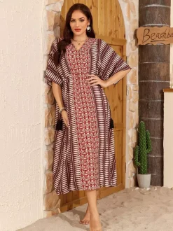 Cover Ups Maxi Dresses Oversized Drawstring Half Sleeves V-Neck Casual Green Beach Swimwear