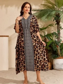 Cover Ups Maxi Dresses Oversized Drawstring Half Sleeves V-Neck Casual Green Beach Swimwear