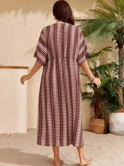 Cover Ups Maxi Dresses Oversized Drawstring Half Sleeves V-Neck Casual Green Beach Swimwear