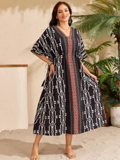 Cover Ups Maxi Dresses Oversized Drawstring Half Sleeves V-Neck Casual Green Beach Swimwear