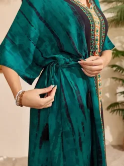 Cover Ups Maxi Dresses Oversized Drawstring Half Sleeves V-Neck Casual Green Beach Swimwear