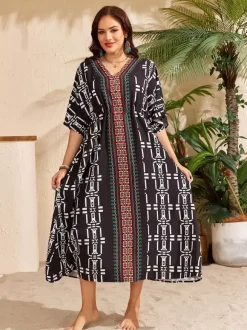 Cover Ups Maxi Dresses Oversized Drawstring Half Sleeves V-Neck Casual Green Beach Swimwear