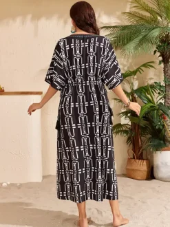 Cover Ups Maxi Dresses Oversized Drawstring Half Sleeves V-Neck Casual Green Beach Swimwear