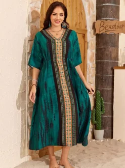 Cover Ups Maxi Dresses Oversized Drawstring Half Sleeves V-Neck Casual Green Beach Swimwear