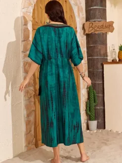 Cover Ups Maxi Dresses Oversized Drawstring Half Sleeves V-Neck Casual Green Beach Swimwear