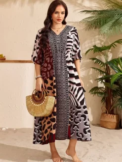 Cover Ups Maxi Dresses Oversized Drawstring Half Sleeves V-Neck Casual Green Beach Swimwear