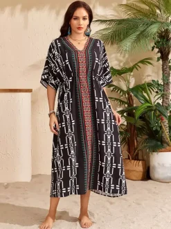Cover Ups Maxi Dresses Oversized Drawstring Half Sleeves V-Neck Casual Green Beach Swimwear