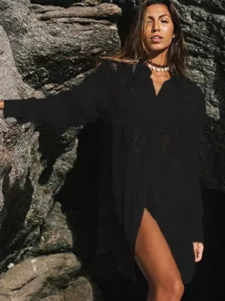 Cover Ups Midi Dress Cut Out Oversized Cotton Sexy Turndown Collar Half Sleeves Summer Beach Swimwear