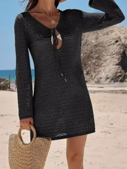 Cover Ups Mini Dresses Shaping Long Sleeves Scoop Neck Athletic Black Summer Beach Swimwear