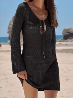 Cover Ups Mini Dresses Shaping Long Sleeves Scoop Neck Athletic Black Summer Beach Swimwear