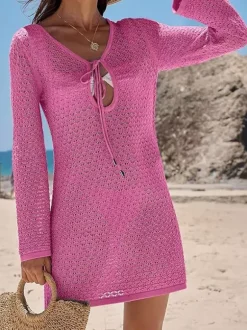 Cover Ups Mini Dresses Shaping Long Sleeves Scoop Neck Athletic Black Summer Beach Swimwear