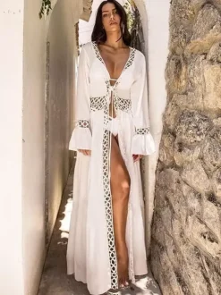 Cover Ups Ruffled Cut Out Lace Long Sleeves Sexy White Summer Beach Swimwear