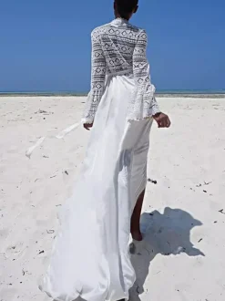 Cover Ups Ruffled Lace Cut Out Long Sleeves Athletic White Summer Beach Swimwear
