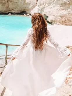 Cover Ups Ruffled Lace Cut Out Long Sleeves Athletic White Summer Beach Swimwear
