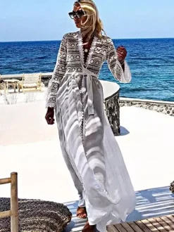 Cover Ups Ruffled Lace Cut Out Long Sleeves Athletic White Summer Beach Swimwear