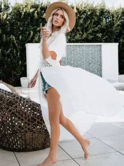 Cover Ups Ruffled Shaping Cut Out Lace Half Sleeves Sexy Black Summer Beach Swimwear