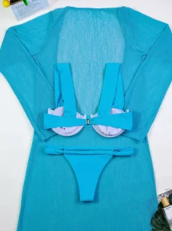 Cover-Ups Swimsuit Set Blue Athletic Long Sleeves T-back Cover-Up Bra Sets