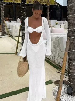 Cover-Ups Swimsuit Set Blue Athletic Long Sleeves T-back Cover-Up Bra Sets
