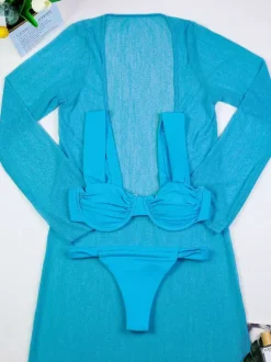 Cover-Ups Swimsuit Set Blue Athletic Long Sleeves T-back Cover-Up Bra Sets
