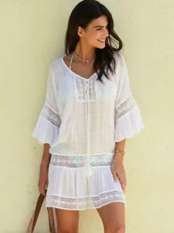 Cover Ups White Half Sleeves Lace Short Dress Summer Beach Swimwear