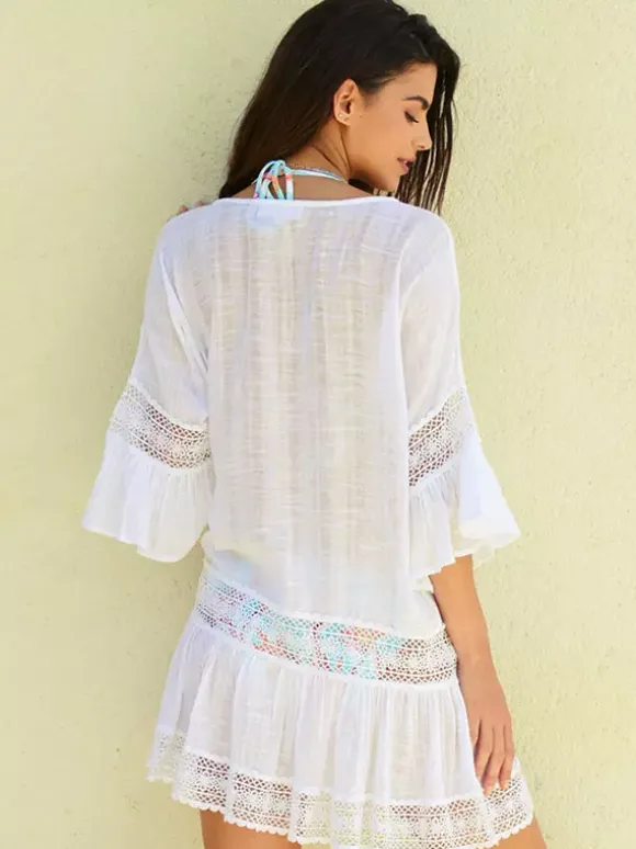 Cover Ups White Half Sleeves Lace Short Dress Summer Beach Swimwear