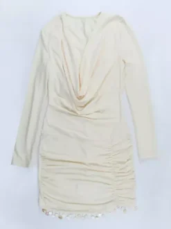 Cowl Neck Ruched Mini Dress For Women- Cream Sexy Long Sleeve Fringe Bodycon - Spring Cocktail Party 2026