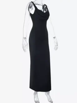 Cowl Neck Maxi Dress For Women - Black Elegant Lace Trim Bodycon Long Dress - Spring Evening Party Cocktail Wear 2026