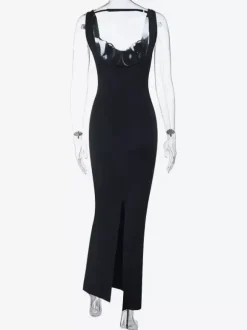 Cowl Neck Maxi Dress For Women - Black Elegant Lace Trim Bodycon Long Dress - Spring Evening Party Cocktail Wear 2026