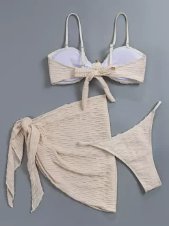 Cream 3 Piece Swimsuit Set For Women - Textured Bikini With Gold Starfish And Sarong Skirt Cover Up - Summer Cruise 2026