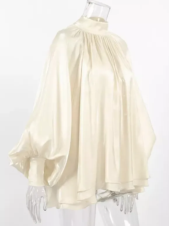 Cream Glossy Satin Mock Neck Gathered Top Balloon Sleeve Pearl Cuff Oversized Blouse