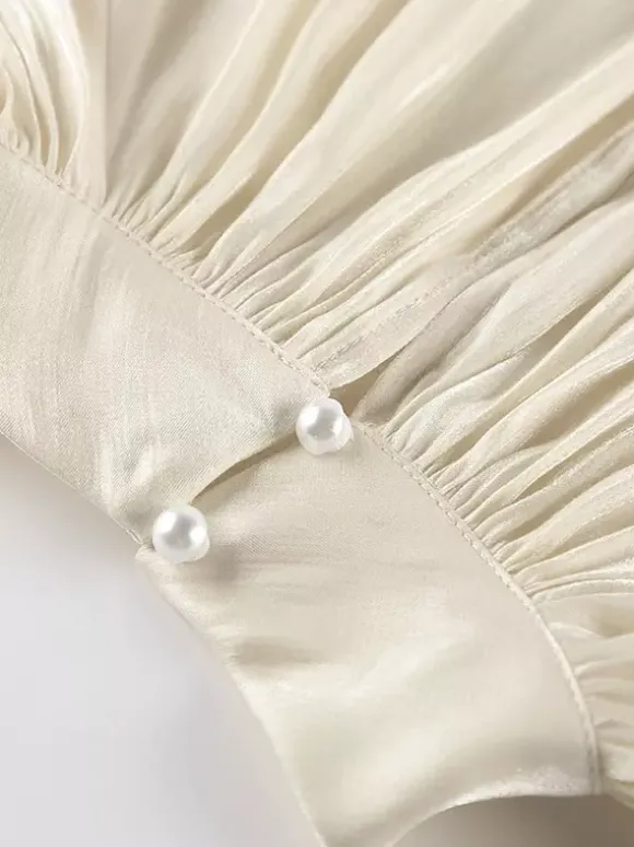 Cream Glossy Satin Mock Neck Gathered Top Balloon Sleeve Pearl Cuff Oversized Blouse
