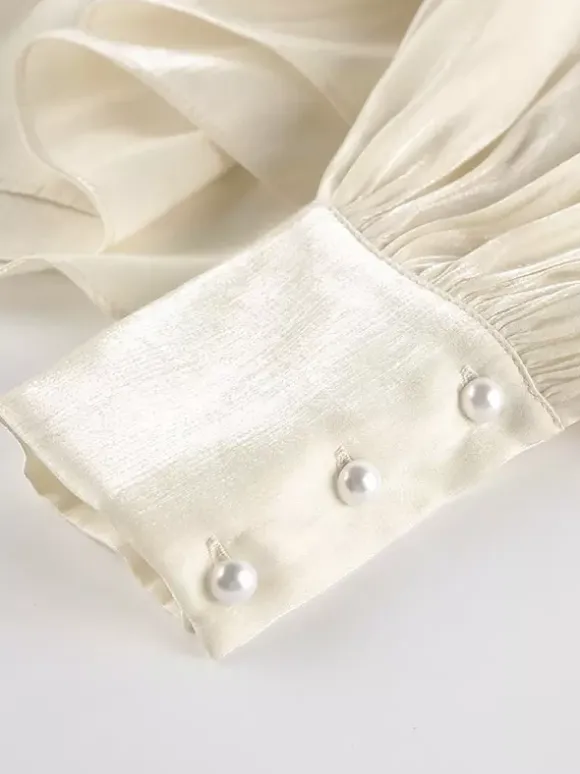 Cream Glossy Satin Mock Neck Gathered Top Balloon Sleeve Pearl Cuff Oversized Blouse