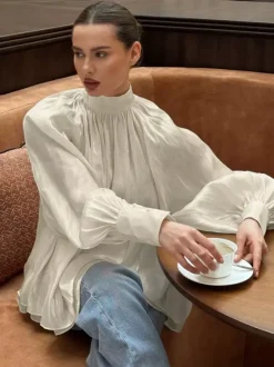 Cream Glossy Satin Mock Neck Gathered Top Balloon Sleeve Pearl Cuff Oversized Blouse