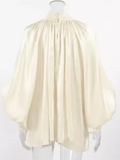 Cream Glossy Satin Mock Neck Gathered Top Balloon Sleeve Pearl Cuff Oversized Blouse