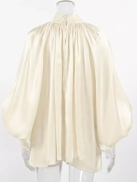 Cream Glossy Satin Mock Neck Gathered Top Balloon Sleeve Pearl Cuff Oversized Blouse