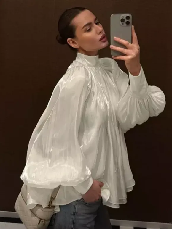 Cream Glossy Satin Mock Neck Gathered Top Balloon Sleeve Pearl Cuff Oversized Blouse
