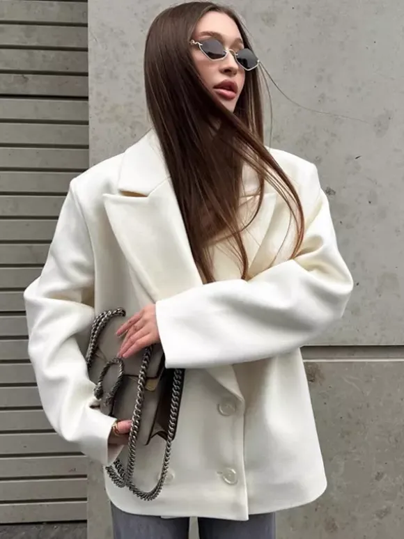 Cream Notched Lapel Women's Blazer - Oversized Single Breasted Jacket - Quiet Minimalist Street Casual Spring Outfit 2026