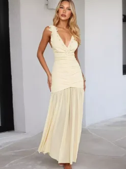 Cream V Neck Ruffled Sleeve Maxi Dress For Women Elegant Formal Style