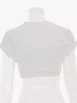 Cream White Ruched Bust Ruffle Edge Puff Sleeve Wrap Front Cropped Summer Top