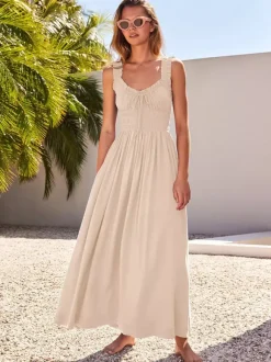 Cream V Neck Ruffled Strap Maxi Dress For Women Elegant Summer Style