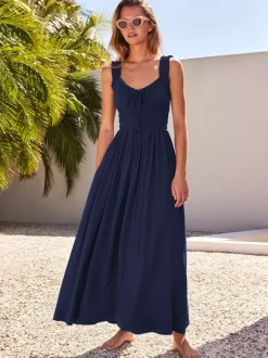 Cream V Neck Ruffled Strap Maxi Dress For Women Elegant Summer Style