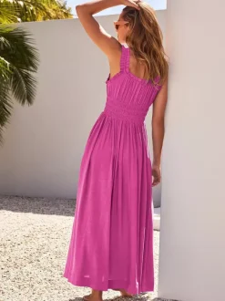Cream V Neck Ruffled Strap Maxi Dress For Women Elegant Summer Style