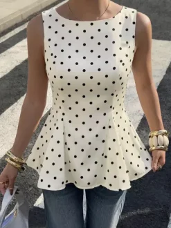 Cream White Black Dot Square Neck Fitted Waist Ruffle Hem Satin Top
