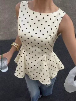 Cream White Black Dot Square Neck Fitted Waist Ruffle Hem Satin Top
