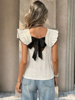 Cream White Vertical Rib Knit Flutter Sleeve Back Cutout Bow Blouse